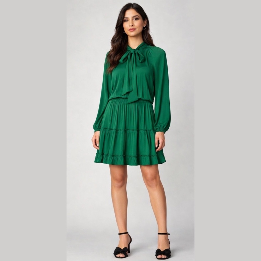 Current Air Emerald Green Tie-Neck Long Sleeve Tiered Ruffle Mini Dress Size L